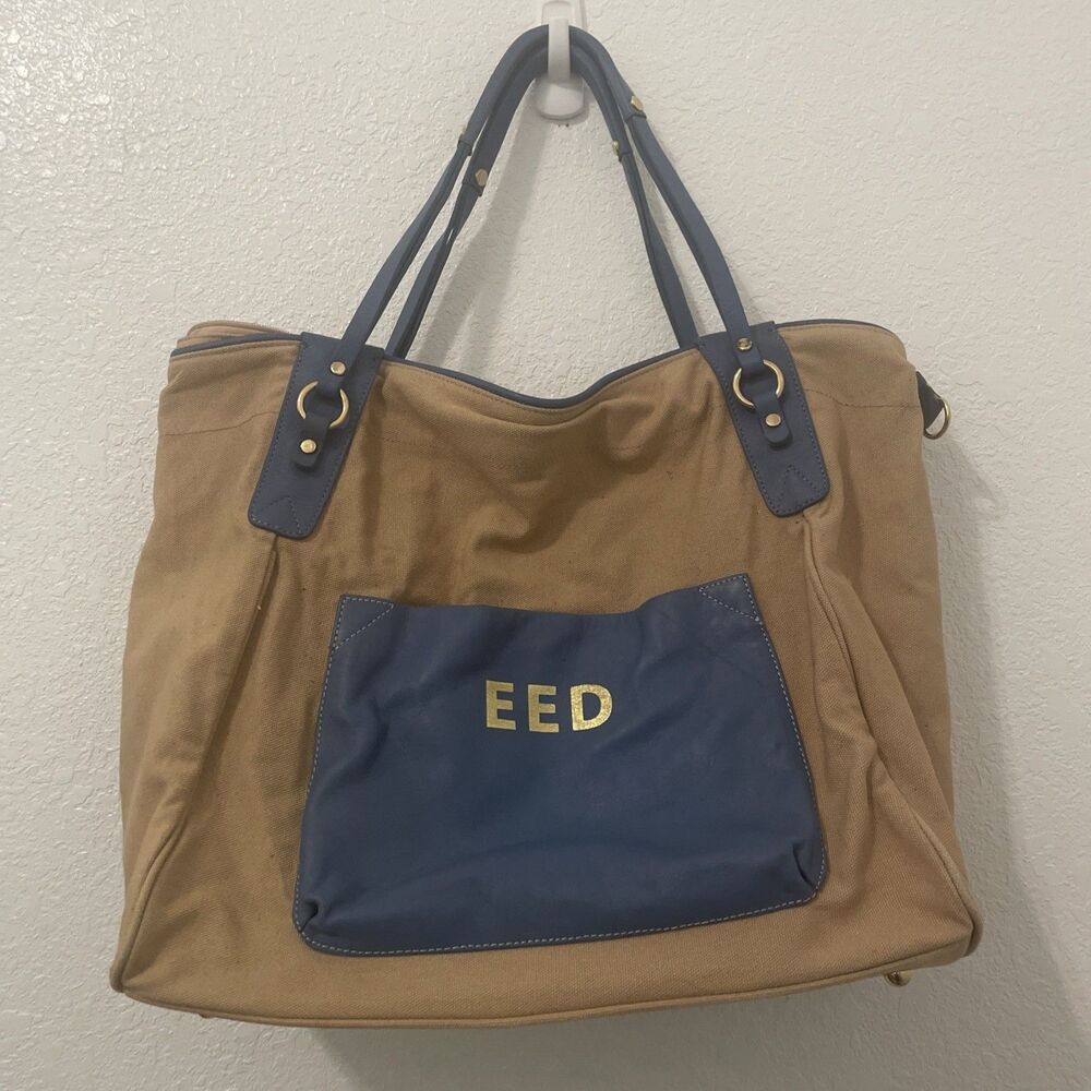 Boulevard Sunday Tote Shopper Carry All Tan Canvas Blue Leather Large Bag Work